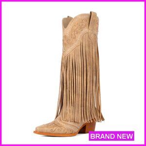 Fringe Knee High Cowboy Boots Embroidered Western Pointed Toe Chunky Heel